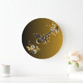 金ゴールドとブラックバタフライフローラアートゴールデンユーフォニー ラージ壁時計 (ホーム)