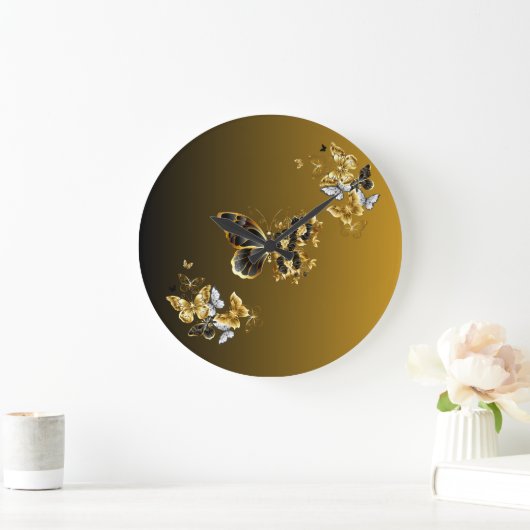 金ゴールドとブラックバタフライフローラアートゴールデンユーフォニー ラージ壁時計 (ホーム)