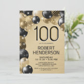 金ゴールドとブラックバルーン100番目の誕生日招待状 招待状 (スタンド正面)