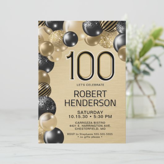 金ゴールドとブラックバルーン100番目の誕生日招待状 招待状 (スタンド正面)