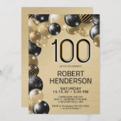 金ゴールドとブラックバルーン100番目の誕生日招待状 招待状 (正面/裏面)
