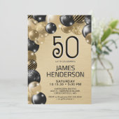 金ゴールドとブラックバルーン50番目の誕生日招待状 招待状 (スタンド正面)