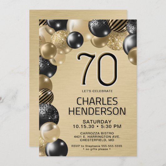 金ゴールドとブラックバルーン70番目の誕生日招待状 招待状 (正面/裏面)