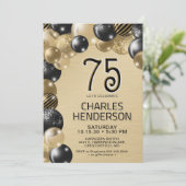 金ゴールドとブラックバルーン75番目の誕生日招待状 招待状 (スタンド正面)