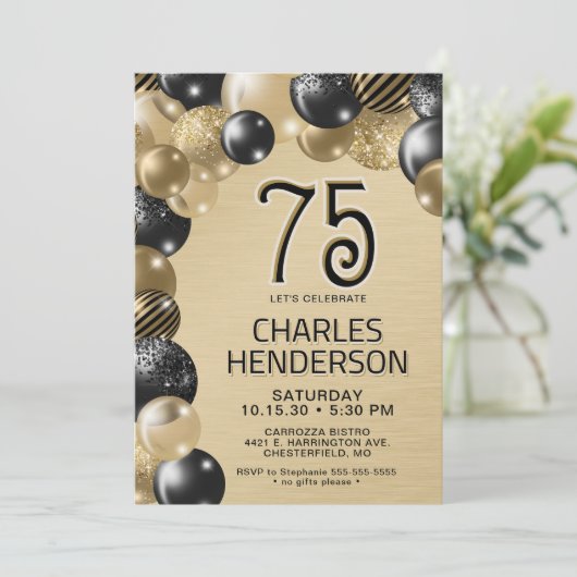 金ゴールドとブラックバルーン75番目の誕生日招待状 招待状 (スタンド正面)