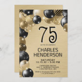 金ゴールドとブラックバルーン75番目の誕生日招待状 招待状 (正面/裏面)