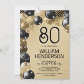 金ゴールドとブラックバルーン80番目の誕生日招待状 招待状 (正面)