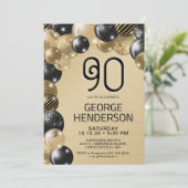 金ゴールドとブラックバルーン90番目の誕生日招待状 招待状 (スタンド正面)