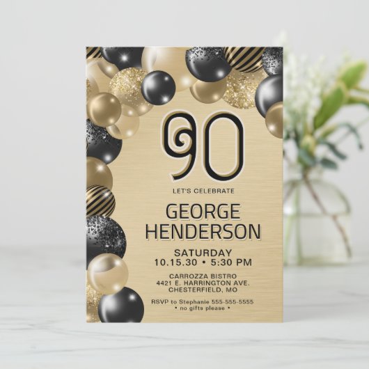 金ゴールドとブラックバルーン90番目の誕生日招待状 招待状 (スタンド正面)