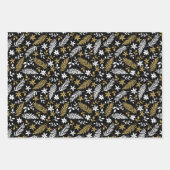 金ゴールドとブラックホリーベリーの葉クリスマス ラッピングペーパーシート (正面3)