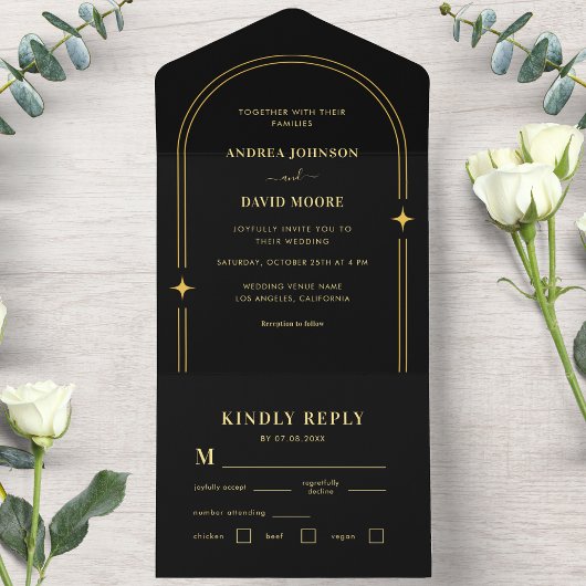 金ゴールドとブラックボホスパークルボヘミアンアーチ結婚ズ オールインワン招待状