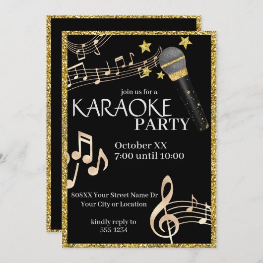 金ゴールドとブラックマイク音楽カラオケパーティー 招待状 (正面/裏面)