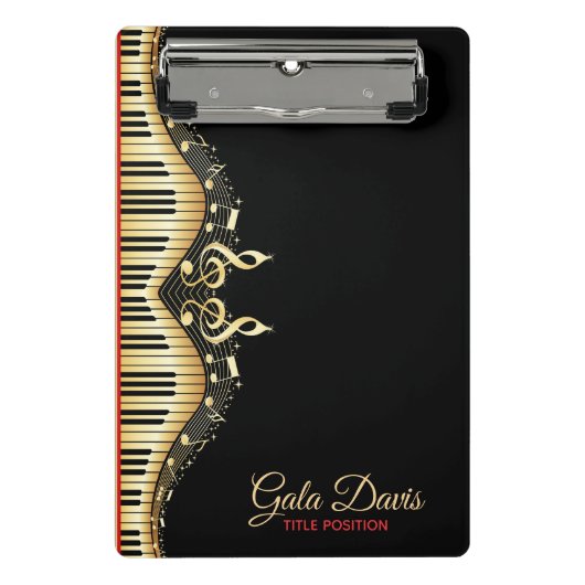 金ゴールドとブラックミュージックノートデザイン赤アクセント ミニクリップボード (正面)