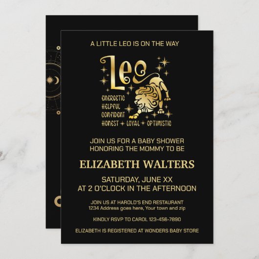 金ゴールドとブラックレオ〔占星術の〕十二宮図ベビーシャワー 招待状 (正面/裏面)