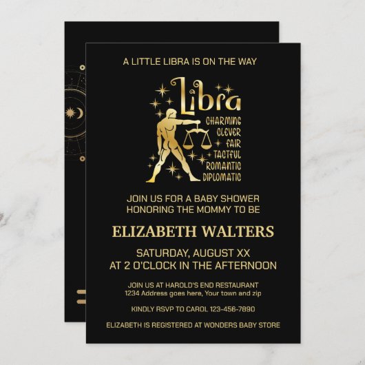 金ゴールドとブラック天秤座〔占星術の〕十二宮図ベビーシャワー 招待状 (正面/裏面)