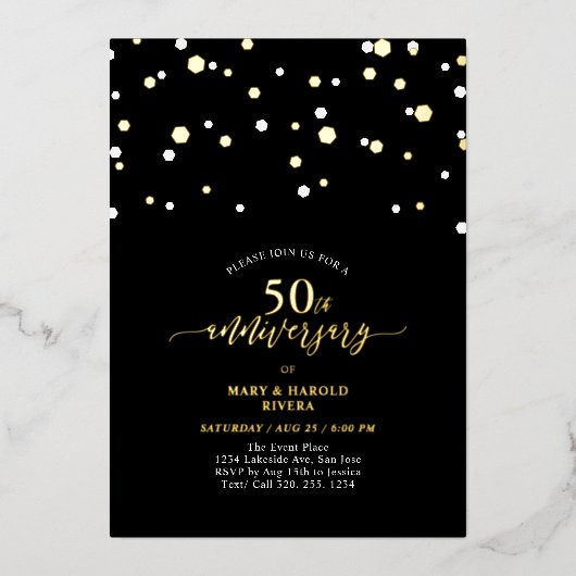 金ゴールドとブラック紙吹雪50結婚周年 箔招待状 (正面)