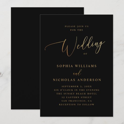金ゴールドとブラック結婚ズ | エレガントクラシックスクリプト 招待状 (正面/裏面)