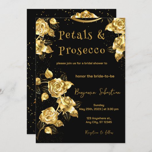 金ゴールドとブラック花びらとプロセッコブライダルシャワー 招待状 (正面/裏面)