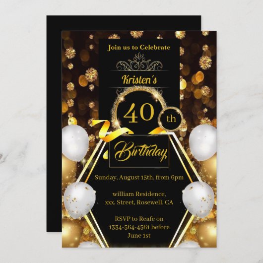 金ゴールドとブラック40歳の誕生日招待状 招待状 (正面/裏面)