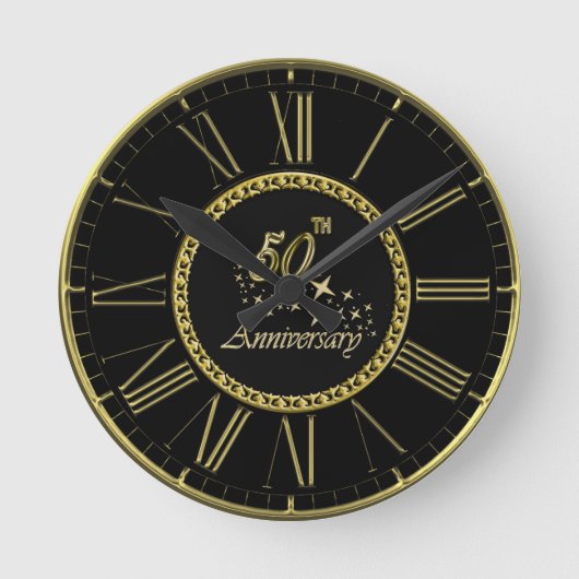 金ゴールドとブラック50周年記念お祝い3 ラウンド壁時計 (正面)