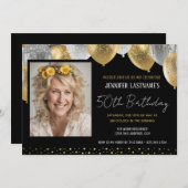 金ゴールドとブラック50誕生日フォト招待状 招待状 (正面/裏面)
