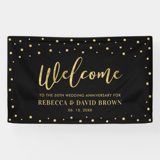金ゴールドとブラック |ようこそ結婚の記念日パーティー 横断幕 (横)