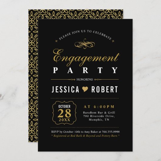 金ゴールドとブラック |エレガント婚約パーティ招待状 招待状 (正面/裏面)