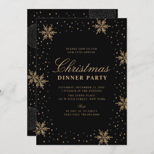 金ゴールドとブラック |シックモダンクリスマスディナーパーティー 招待状 (正面/裏面)