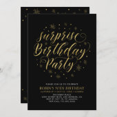 金ゴールドとブラック |シックモダンサプライズ誕生日パーティー 招待状 (正面/裏面)