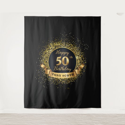 金ゴールドとブラック・バースデーパーティーのタペストリーの背景 タペストリー (正面)