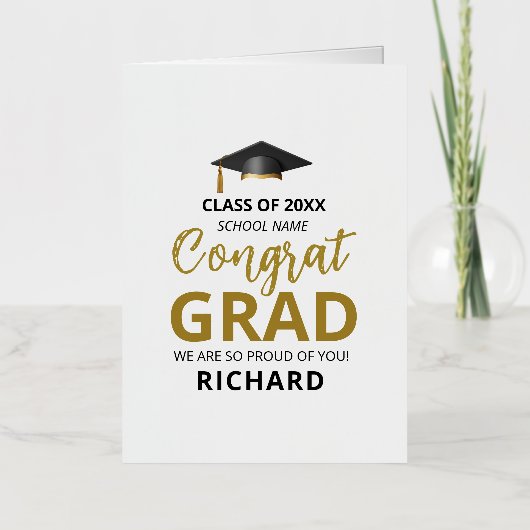 金ゴールドとブラック |卒業モダンのカスタム贈り物 箔グリーティングカード (正面)
