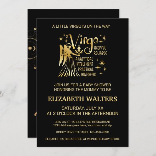 金ゴールドとブラック《星座》乙女座〔占星術の〕十二宮図ベビーシャワー 招待状 (正面/裏面)