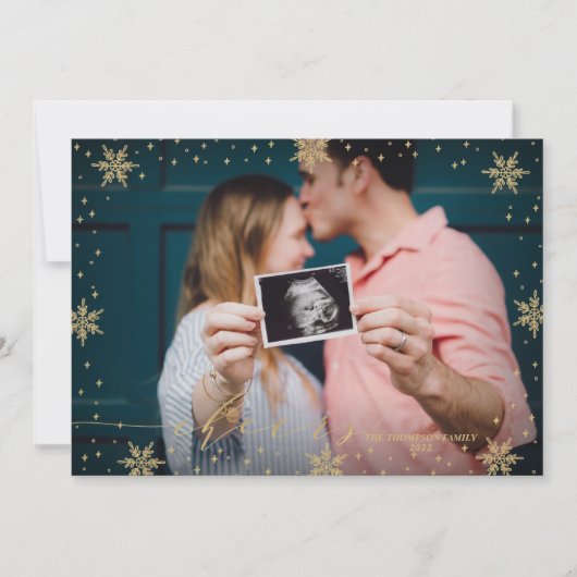 金ゴールドとブラック |雪の結晶応援写真クリスマスC カード (正面)