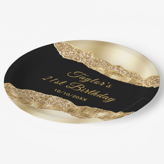 金ゴールドとブラックGLAM涙バースデーパーティー ペーパープレート (アングル)