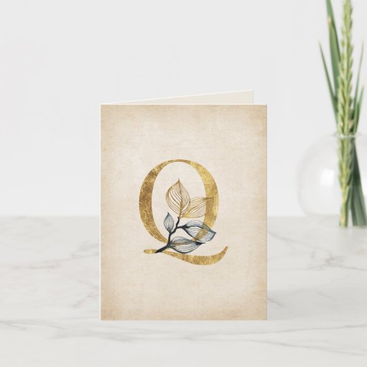 金ゴールドとブラックQモノグラム葉 ノートカード (正面)