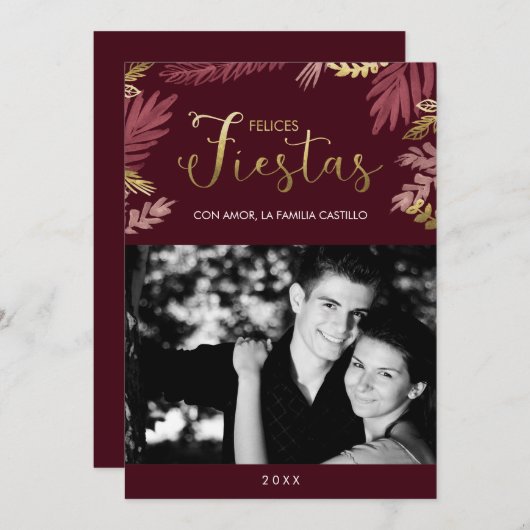 金ゴールドとブルガンディフェリスフィエスタスホリデーカード (正面/裏面)