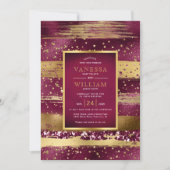 金ゴールドとブルゴーニュのストロークと結婚紙吹雪 招待状 (正面)