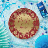 金ゴールドとブルゴーニュのダマスク、パーティー時間タイポグラフィ ペーパープレート (パーティー)