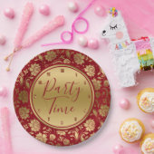 金ゴールドとブルゴーニュのダマスク、パーティー時間タイポグラフィ ペーパープレート (パーティー)