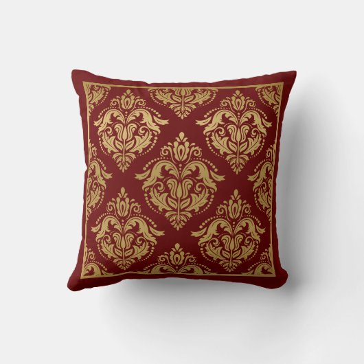 金ゴールドとブルゴーニュのフローラダマスク幾何学的パターン クッション (裏面)