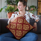 金ゴールドとブルゴーニュのフローラダマスク幾何学的パターン クッション