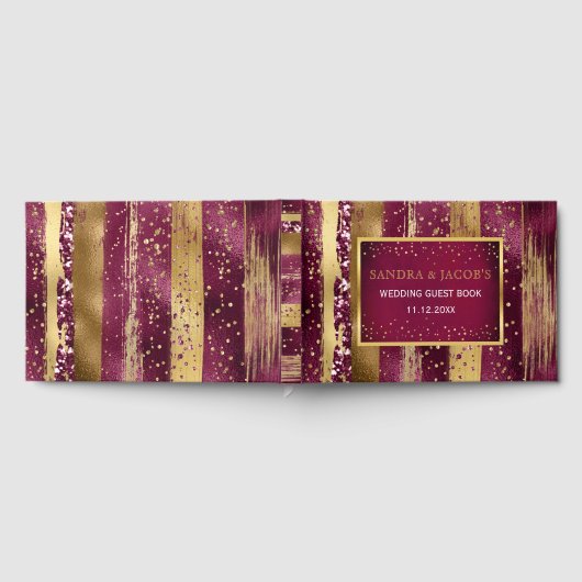 金ゴールドとブルゴーニュのブラシのストローク,紙吹雪結婚の ゲストブック (全面)