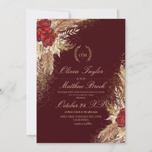 金ゴールドとブルゴーニュの水の色のフローラエレガントーズ結婚 招待状 (正面)
