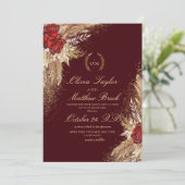 金ゴールドとブルゴーニュの水の色のフローラエレガントーズ結婚 招待状 (スタンド正面)