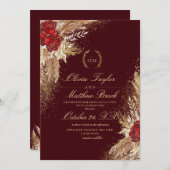 金ゴールドとブルゴーニュの水の色のフローラエレガントーズ結婚 招待状 (正面/裏面)