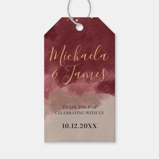 金ゴールドとブルゴーニュの水の色の贈り物ラベル ギフトタグ (正面)