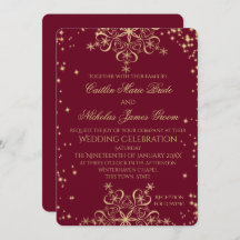 金ゴールドとブルゴーニュ冬の結婚式の雪