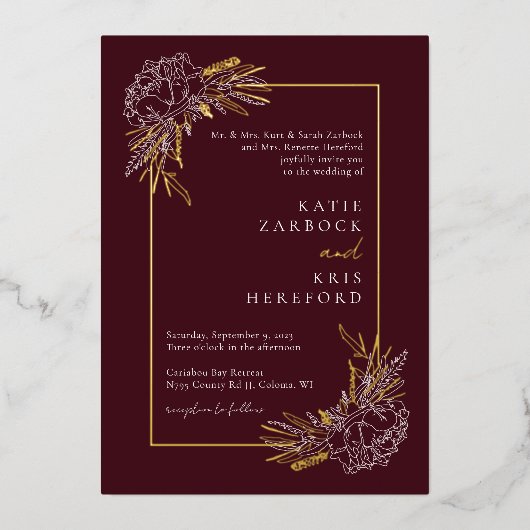 金ゴールドとブルゴーニュ牡丹招待状 箔招待状 (正面)