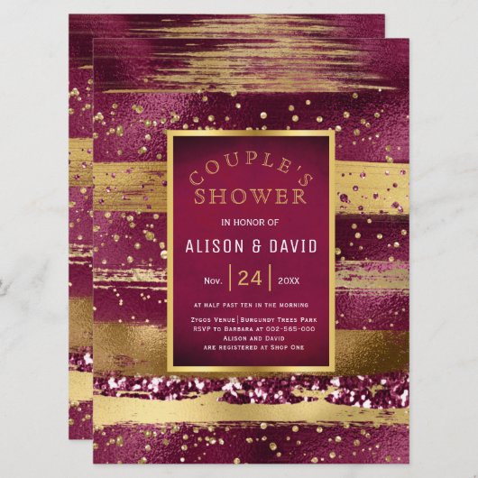 金ゴールドとブルゴーニュ結婚ーのカップルのシャワー 招待状 (正面/裏面)