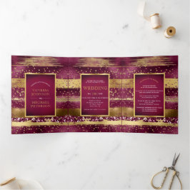 金ゴールドとブルゴーニュ結婚ーの筆 三つ折り招待状